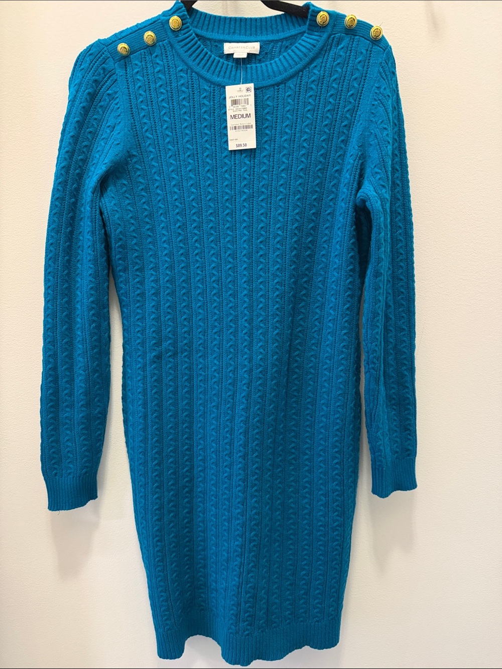 Charter Club Teal Cable-Knit Long Sleeve Sweater Dress with Gold Buttons